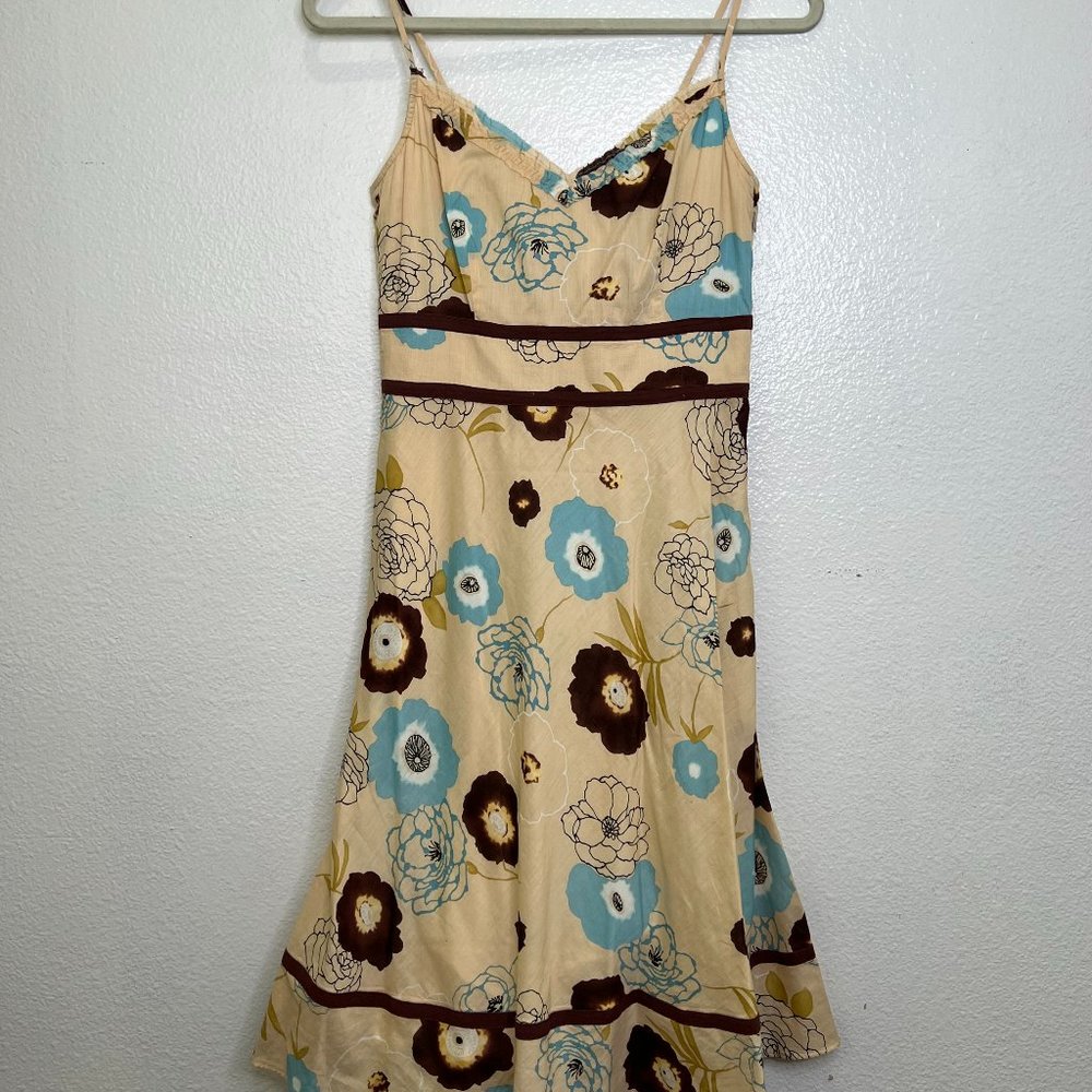 Vince Womens Floral Spaghetti Strap Dress Size 2 Tan Brown Blue 100% Cotton